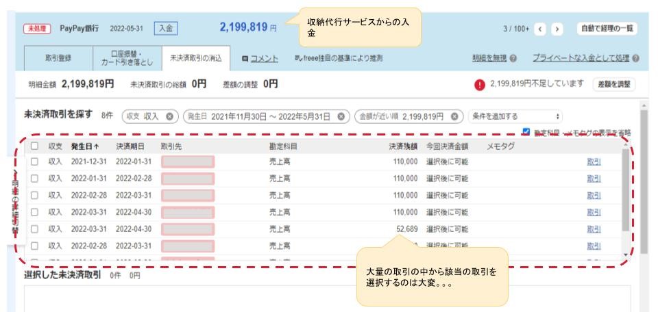 自動で経理画面の未決済取引の消込で入金を処理する様子のキャプチャ。多数の未決済取引の中から該当の取引を探して1件ずつ選択するのは手間がかかる。