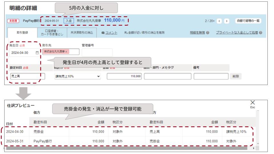 自動で経理の画面で5月の入金に対して発生日が4月の売上高として登録している様子のキャプチャ